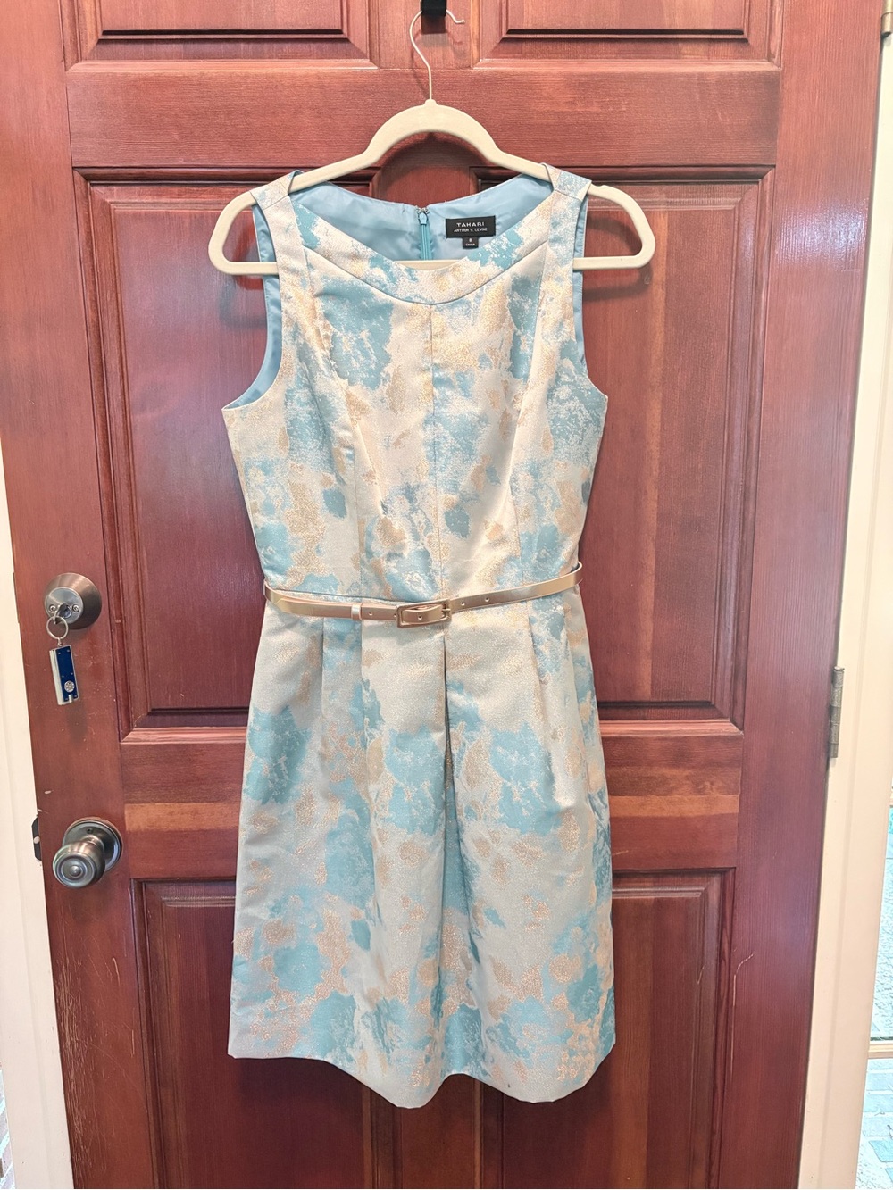 Tahari ASL Light Blue and Gold Brocade Sleeveless Midi Dress with Belt